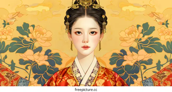 Portrait of a Korean woman in traditional red dress