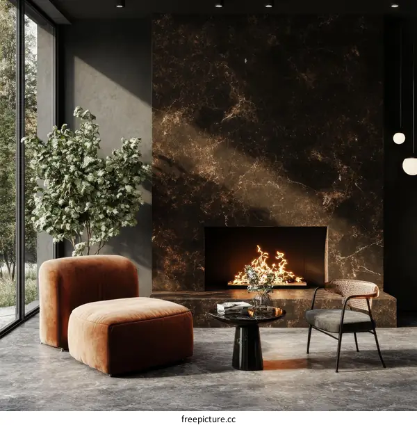 Modern Interior Design with Dark Marble Fireplace