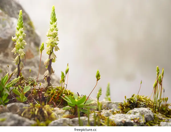 Closeup of White Flowers Growing on Rocks