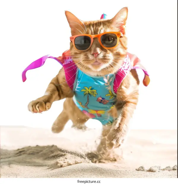 Cat in sunglasses and swimsuit running on the beach