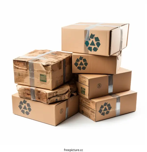 A stack of old cardboard boxes with recycling symbol