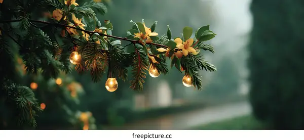 Warm Christmas Lights on a Rainy Day Branch