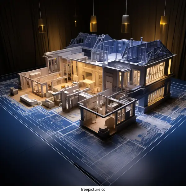 A 3D rendering of a blueprint of a house