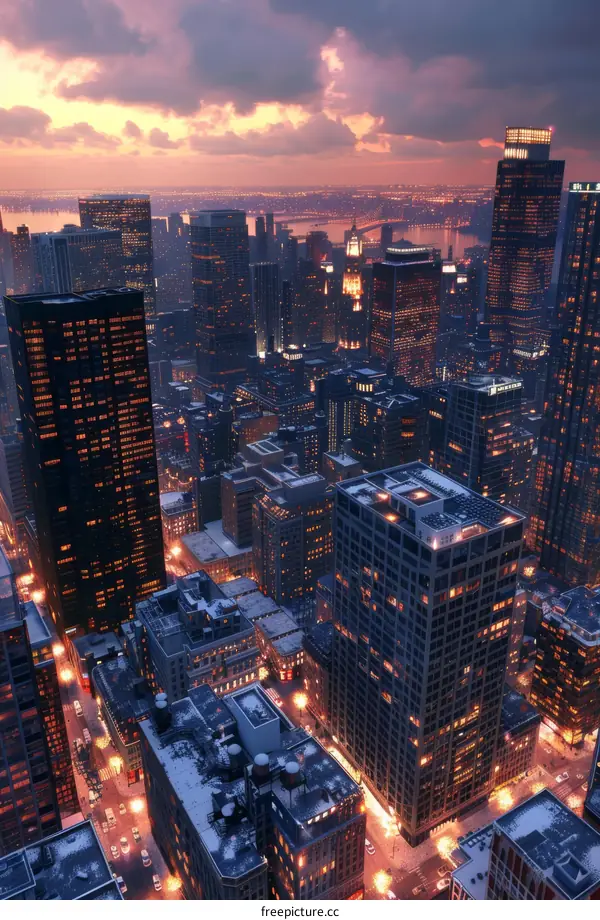 Urban Metropolis with Skyscrapers and Bridges at Sunset