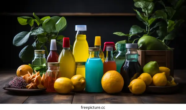 Various cleaning supplies and citrus fruits on a wooden table