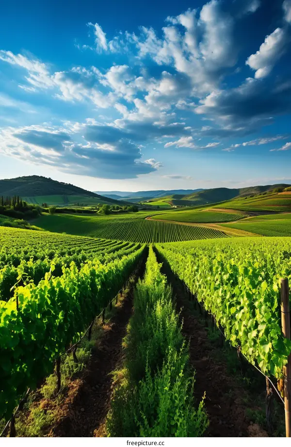 Vineyard Landscape with Rows of Grape Vines and rolling hills in the background under a blue sky with white clouds