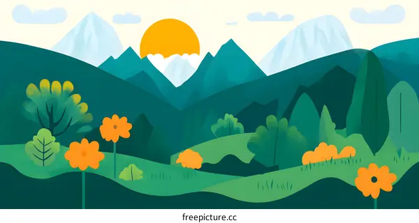 Mountain Landscape Illustration With Yellow Flowers And Sunset