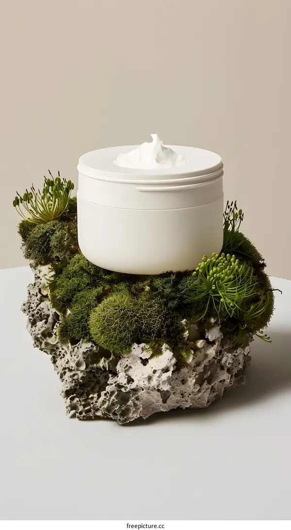 White Cream Jar On Moss Covered Rock