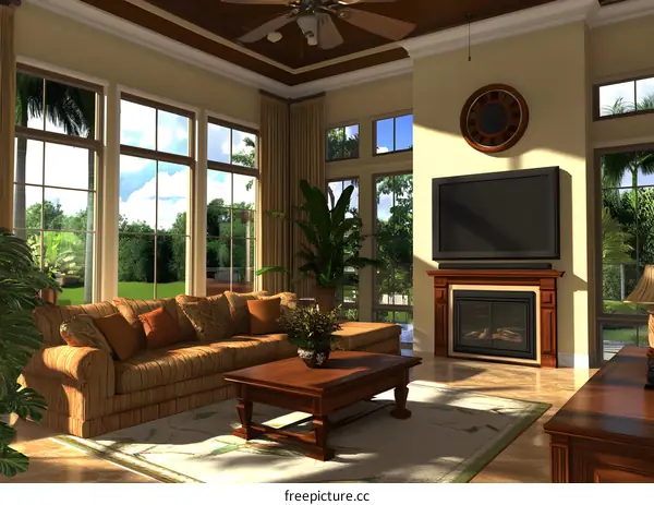 Modern Living Room Interior Design With Large Windows And Fireplace