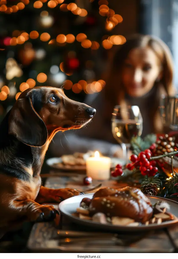 dachshund dog sitting at the table during Christmas dinner