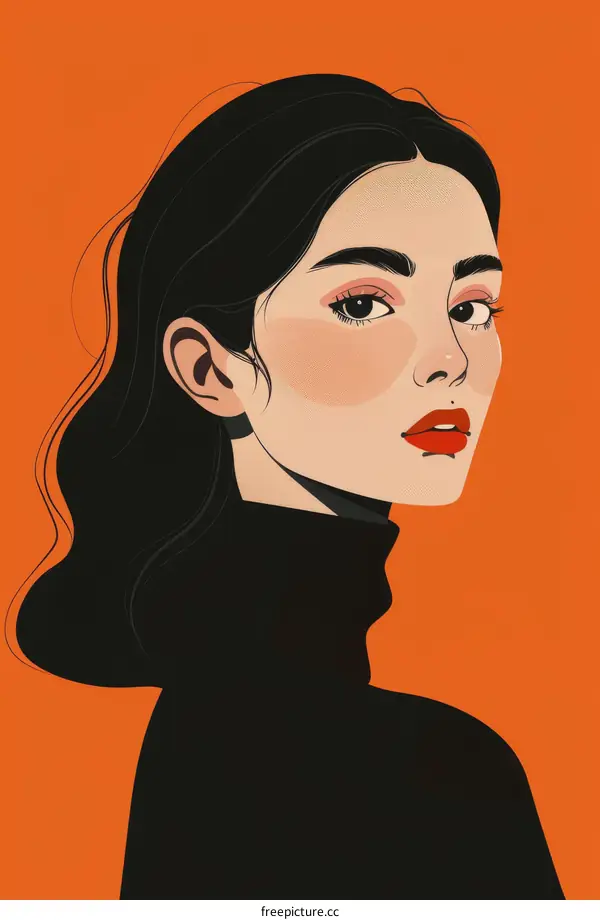 Minimalist Illustration of a Woman with Black Hair and Red Lips Against an Orange Background