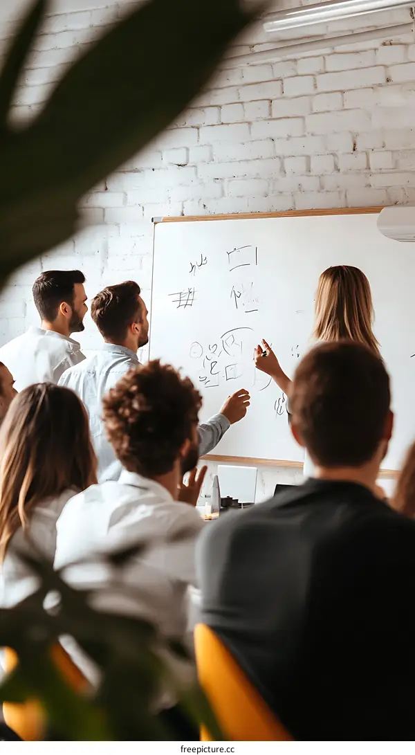 Team Brainstorming And Whiteboard Discussion During A Business Meeting