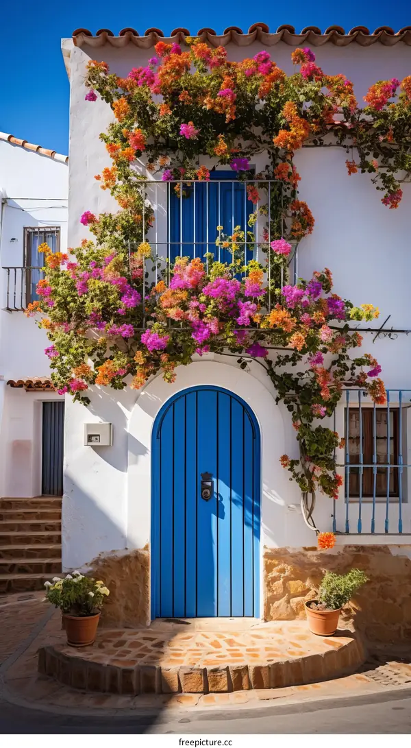 Blue door with flowers