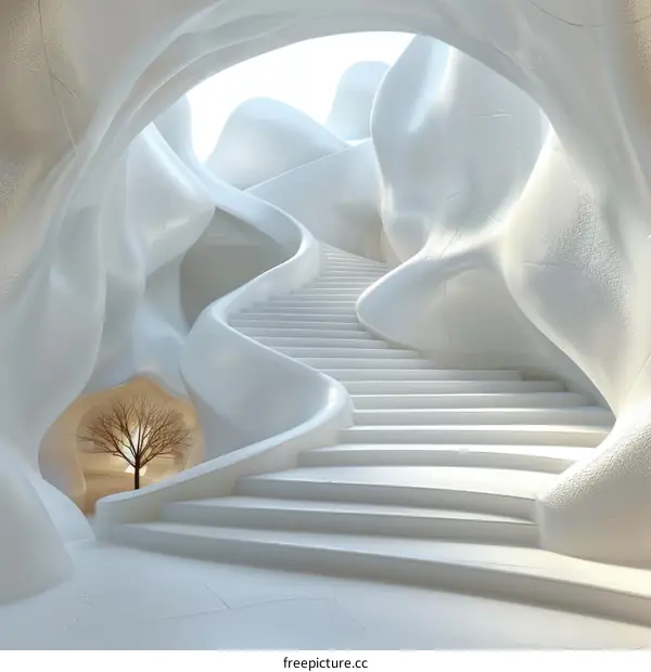 Abstract White Spiral Staircase in a Modern Cave-like Structure