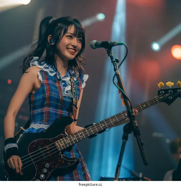 Japanese female bassist Risa Honma playing bass guitar on stage