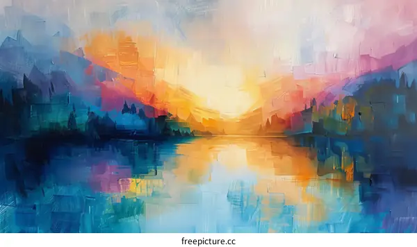 Impressionist Sunset Landscape: Mountain Lake Reflection