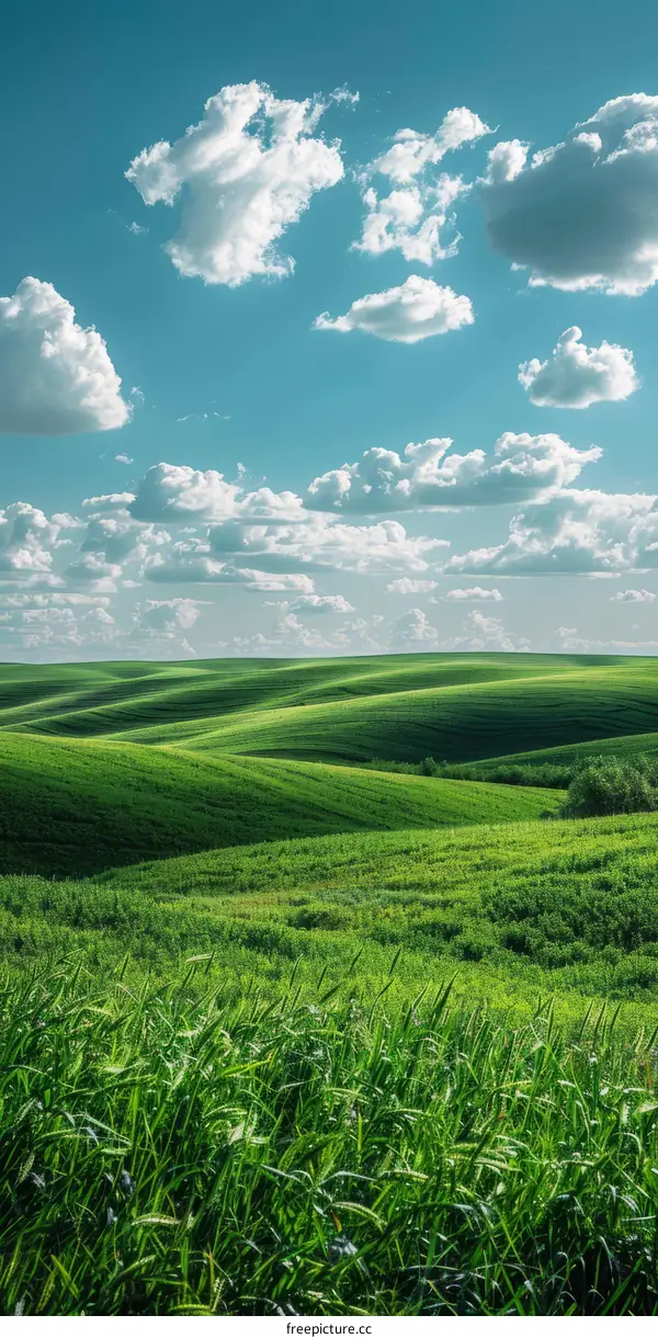 Undulating Green Hills under a Blue Sky with White Clouds