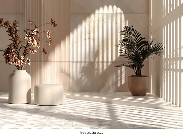 Minimalist Interior Design with Beige Tiles and Sunlight