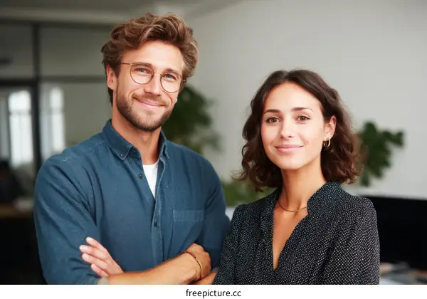 Two Caucasian business people smiling confidently in modern office setting