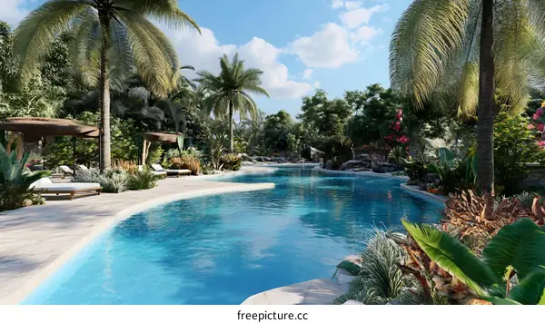 Tropical Pool with Lush Greenery and Palm Trees