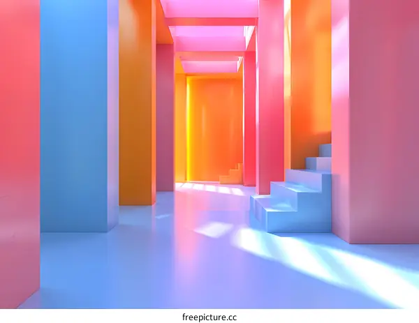 Blue and orange pastel color 3d rendering background with stairs
