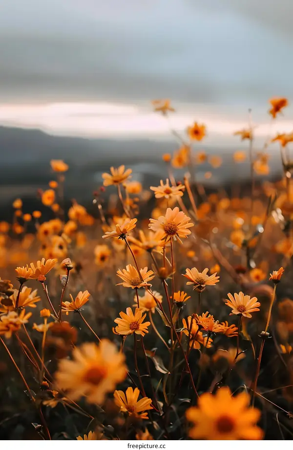 Golden Yellow Wildflowers In Field At Sunset