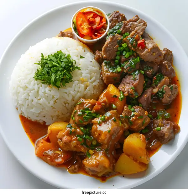 A plate of delicious beef stew with rice and vegetables