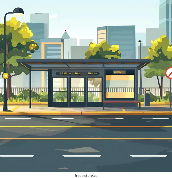City Bus Stop Illustration With Green Trees And Buildings