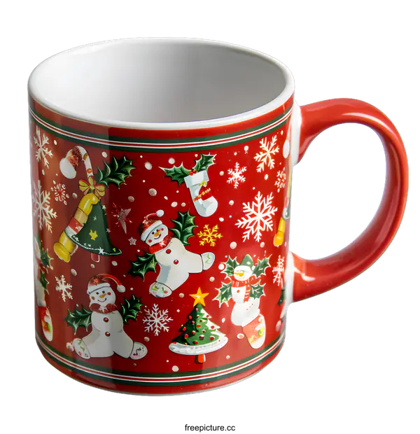 [Transparent Background PNG]Red Christmas Mug with Snowman Design