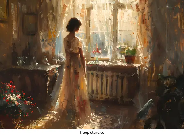 Woman in White Dress Looking out Window