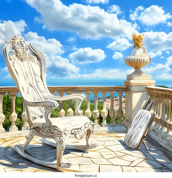 White Rocking Chair On Balcony With Sea View