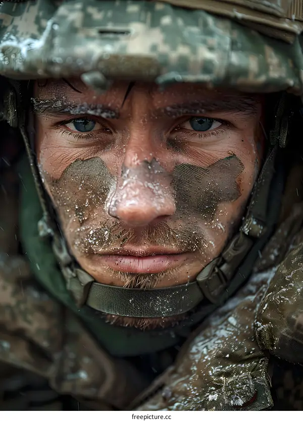 Portrait of a soldier with camouflage on his face