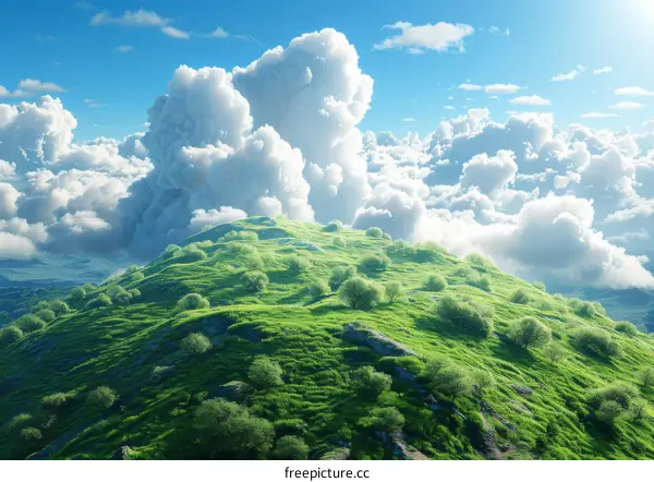 Stunning Green Hills Under a Sky of Fluffy Clouds