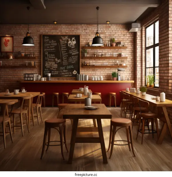 cozy coffee shop interior with brick walls and wooden furniture