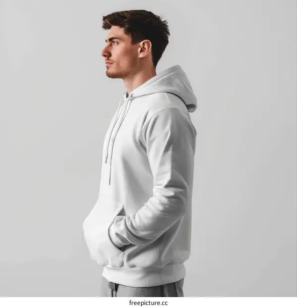 A young male model wearing a white hoodie