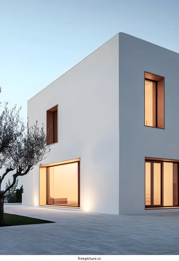 Modern White House With Large Windows and Olive Tree