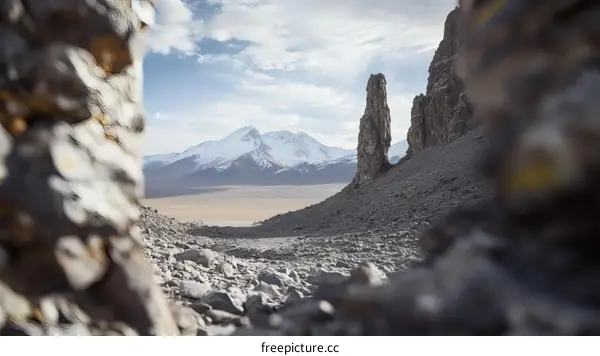 Desert Mountain Peaks Through Rocks