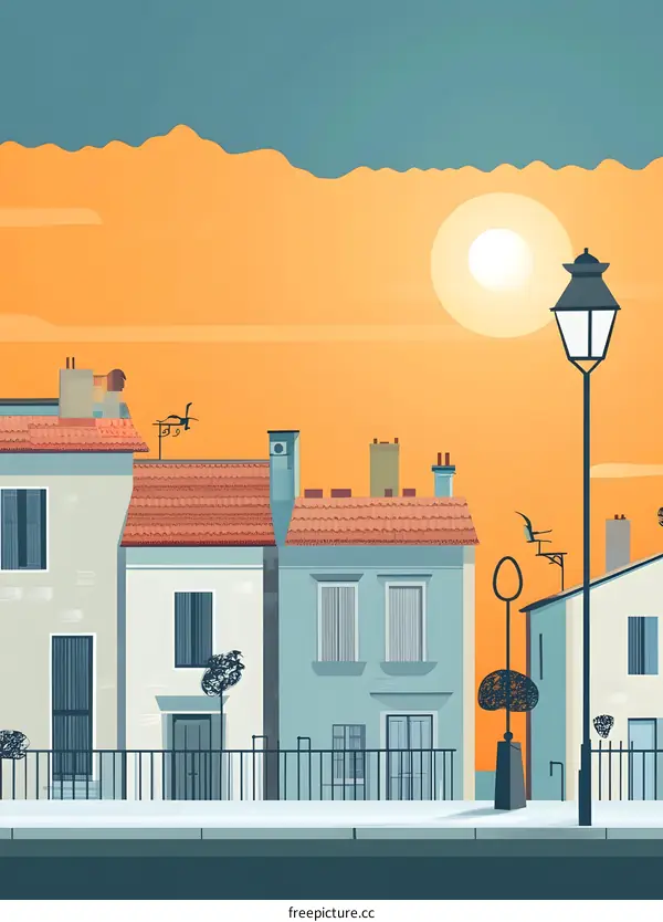 Sunset View of Colorful Houses and Street Lamp