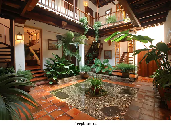 Traditional Spanish Courtyard with Lush Greenery