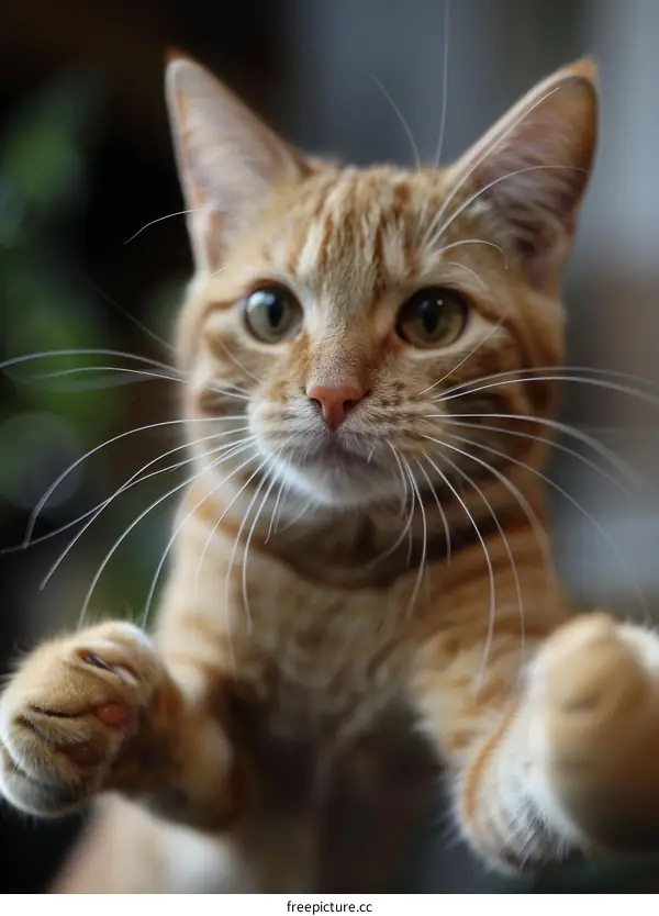 A ginger cat is reaching out with its paws
