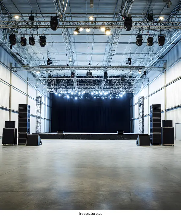 Empty Concert Stage with Black Curtains and Audio Equipment