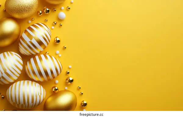 Gold and White Easter Eggs on Yellow Background