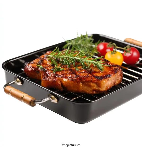 Grilled Pork Chop in a Baking Pan with Rosemary and Cherry Tomatoes