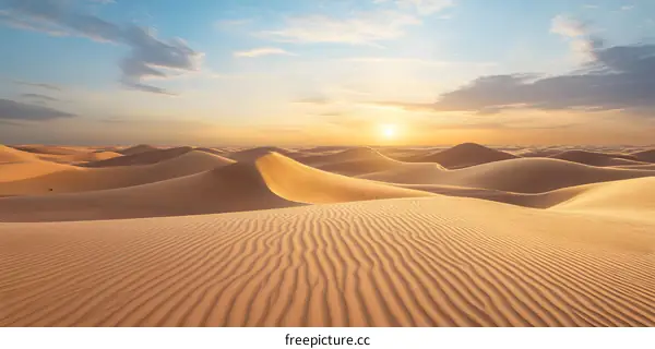 Golden Desert Dunes Under Sunset Sky