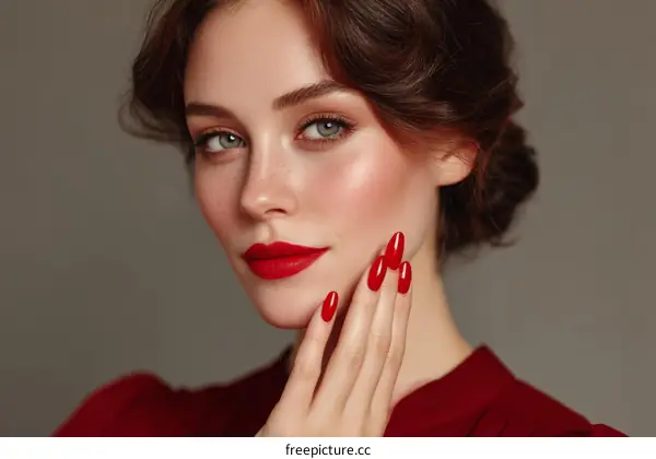 Close Up Portrait of a Caucasian Woman with Red Lipstick and Nails