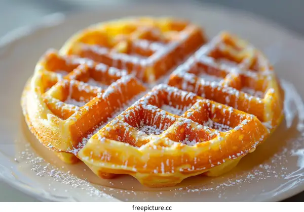 Close-up image of a golden brown waffle on a white plate