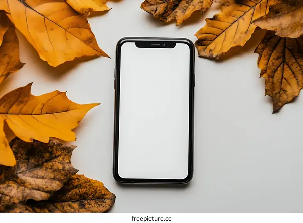 Smartphone with White Screen Surrounded by Autumn Leaves