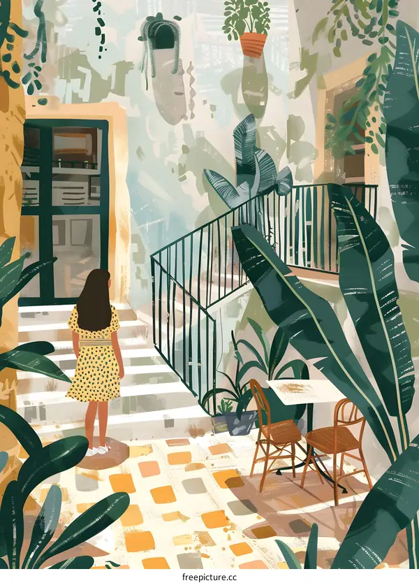 Woman in Yellow Dress Standing on Stairs Surrounded by Lush Greenery in a Quaint Courtyard