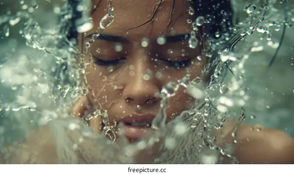 Close-up photo of a woman's face with water droplets on her skin