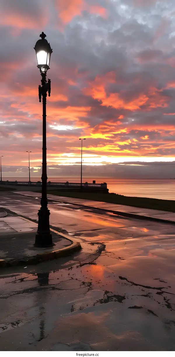 Street Lamp Reflecting Sunset in Puddles